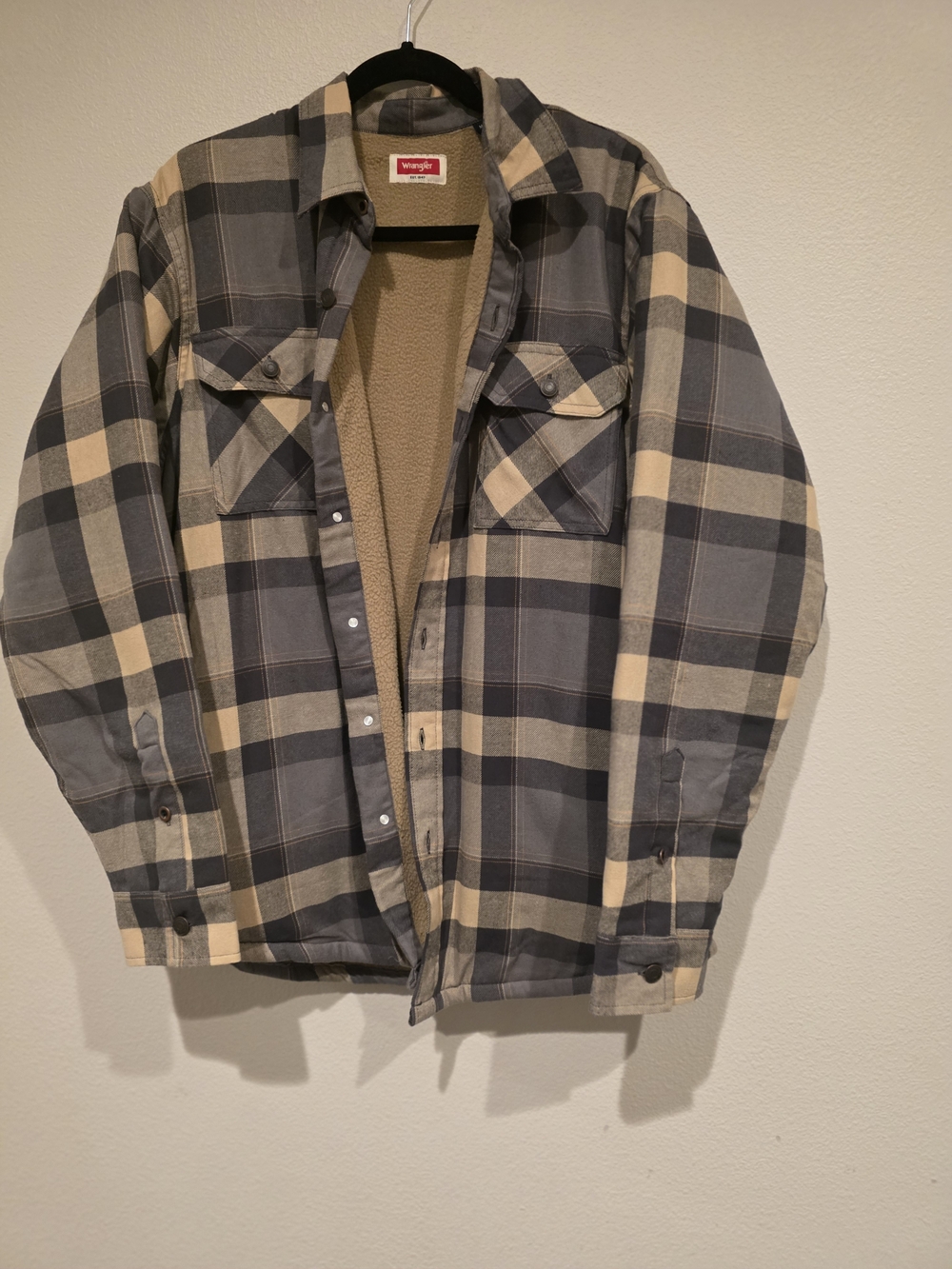 Wrangler Blue and Beige Plaid Sherpa-Lined Shirt Jacket